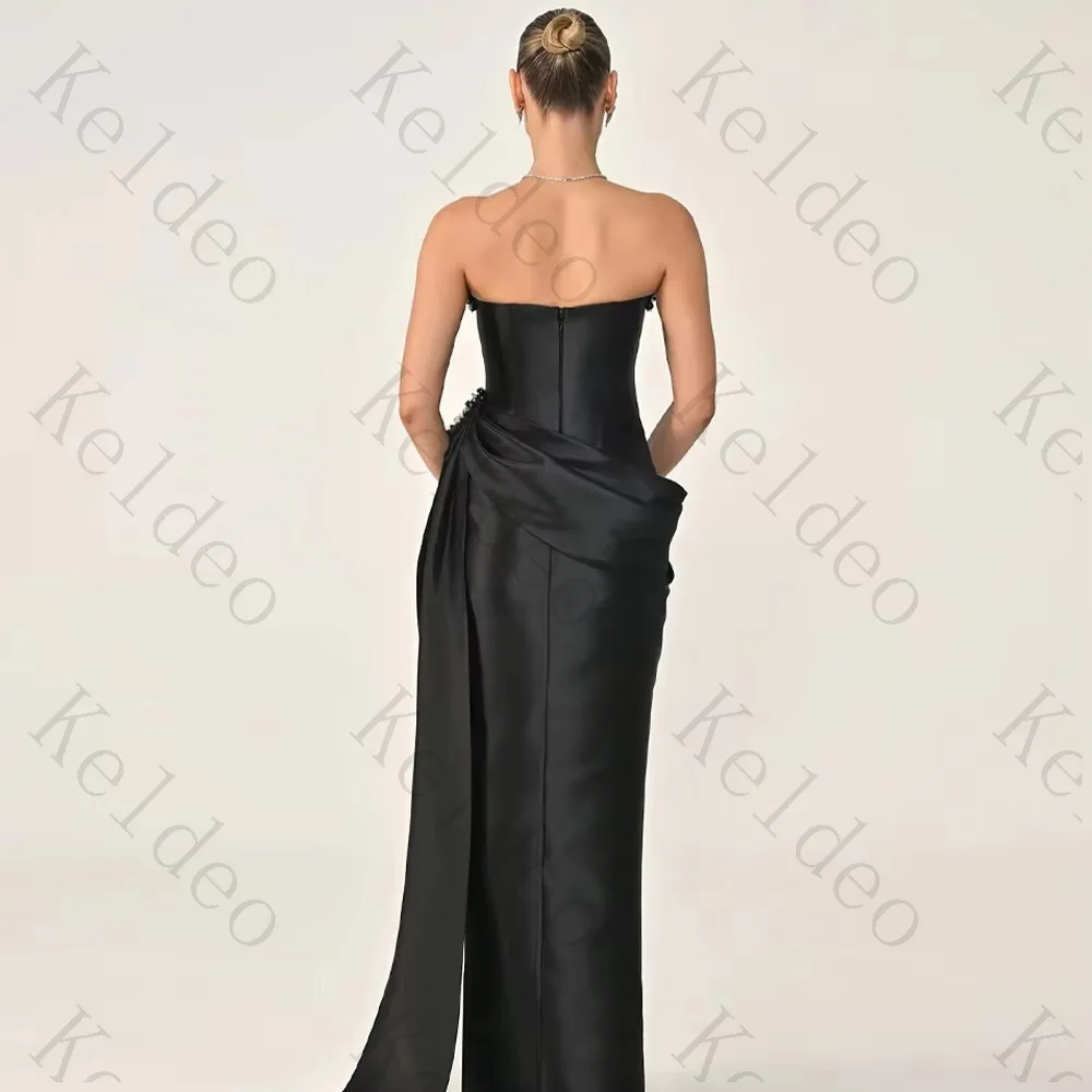 Customized Elegant Strapless Straight Evening Gowns with Slit Crystal Beaded Waist Pleats Trailing Satin Formal Banquet Dresses