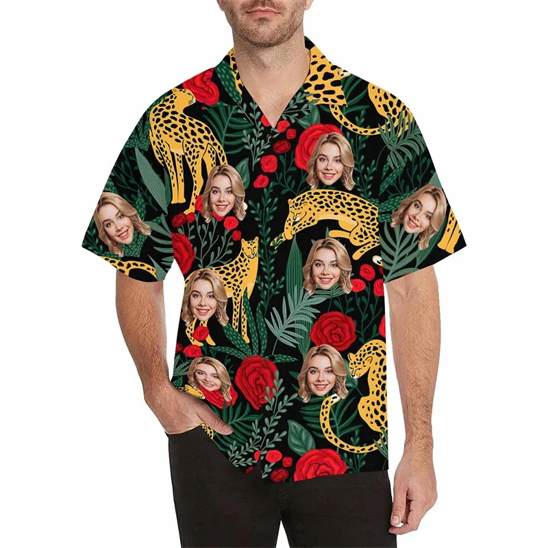 

Funny Customized Hawaii Shirt Unisex Fun Face Photo Custom Personality Retro Plant Graphic Men's Shirts Summer Loose Casual Top