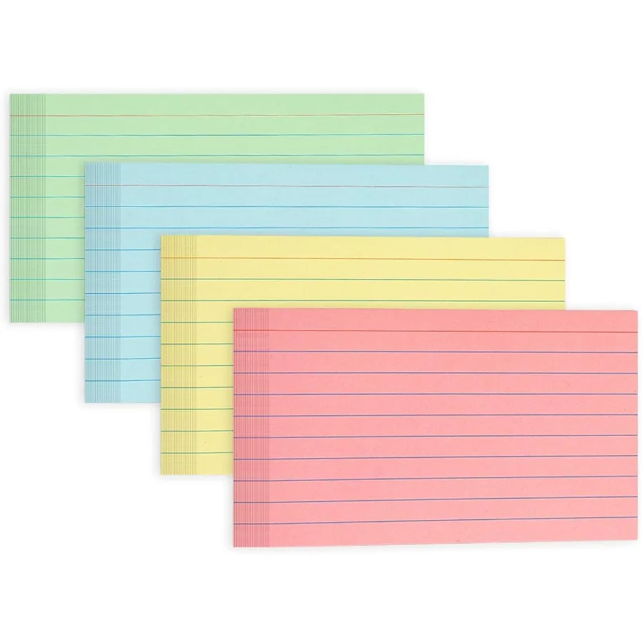 การ์ดอินเด็กซ์สี 300 ชิ้น ขนาด 5x8 นิ้ว แบบมีเส้น 4 สี สำหรับการเรียน การจดบันทึกสูตรอาหาร การ์ดบันทึกข้อมูล อุปกรณ์สำนักงาน งาน DIY และงานนำเสนอ