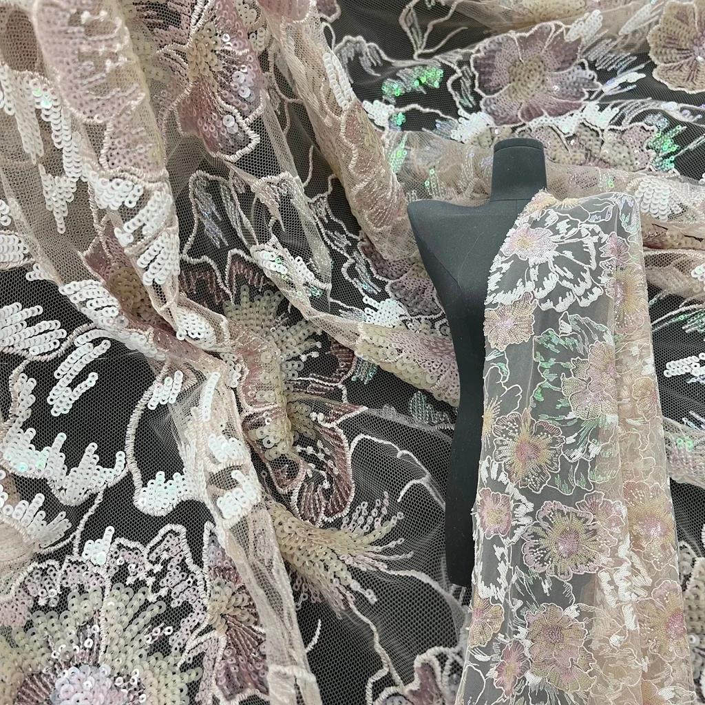 

Светло-абрикосовая ткань с большой цветочной сеткой и блестками, роскошная ткань для свадебного платья, ткань из бисера