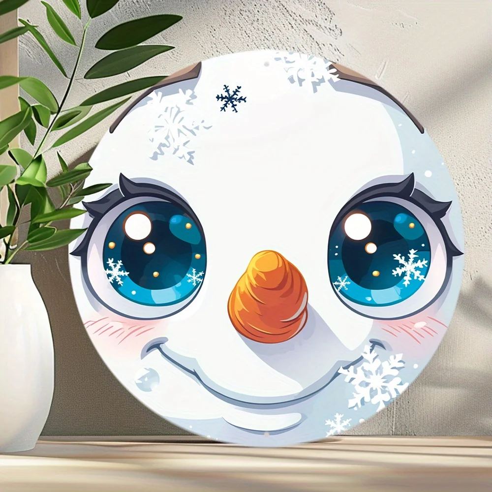Vintage Snowman Face Aluminum Sign - 2D Round Metal Plaque, Weatherproof, No Electricity Needed, Wall Hanging Decor for Indoor,