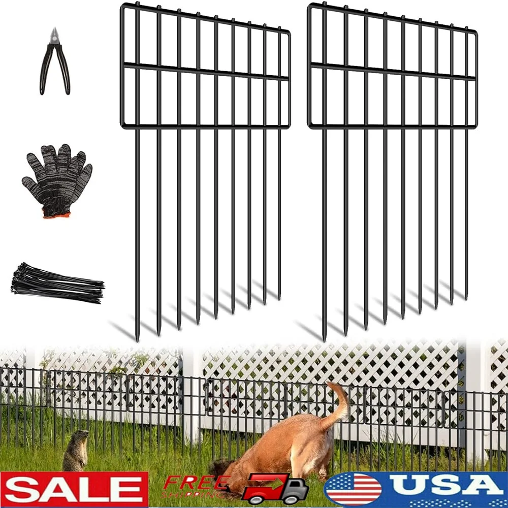 

25 Panels Garden Animal Barrier Fence 17in Height 27ft Length Dog Digging Protection Rustproof Metal Stakes Easy Install