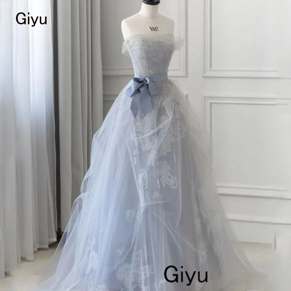 Giyu Fairy Lace Followers Bow Wedding Dress Photoshoot Strapless Tulle Floor-length Evening Gown Dress Prom Dress