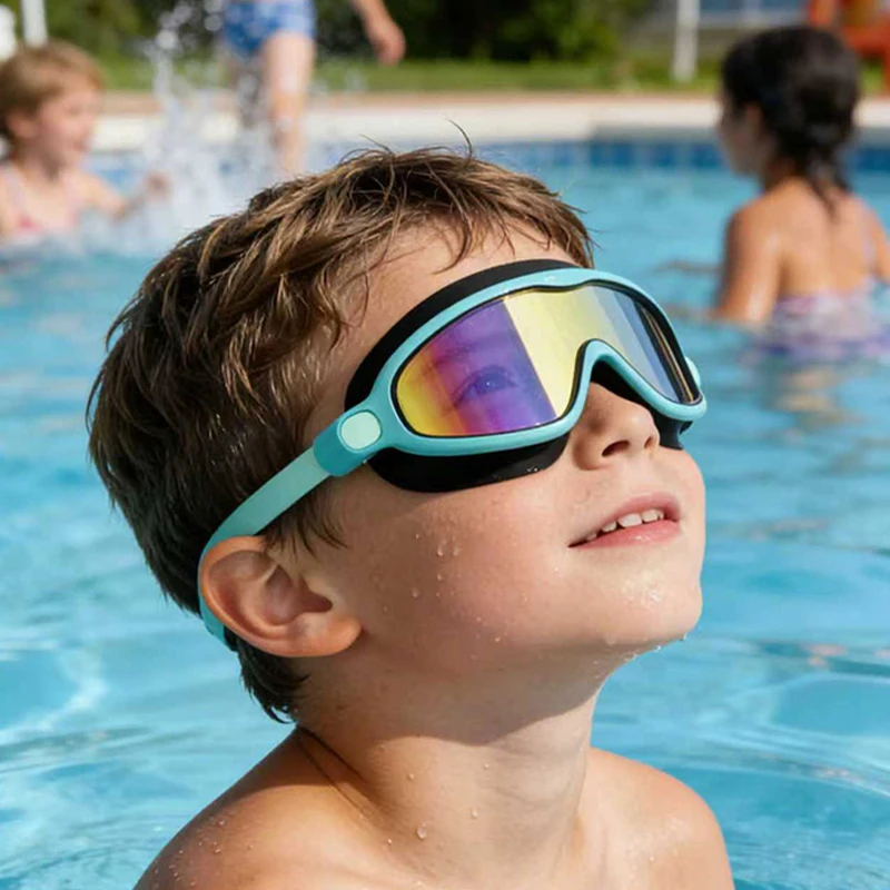 Kids Swim Goggles with Earplugs Nose Clip Large Frame HD Anti-Fog Leak-Proof UV Protection Swimming Glasses for Boys Girls