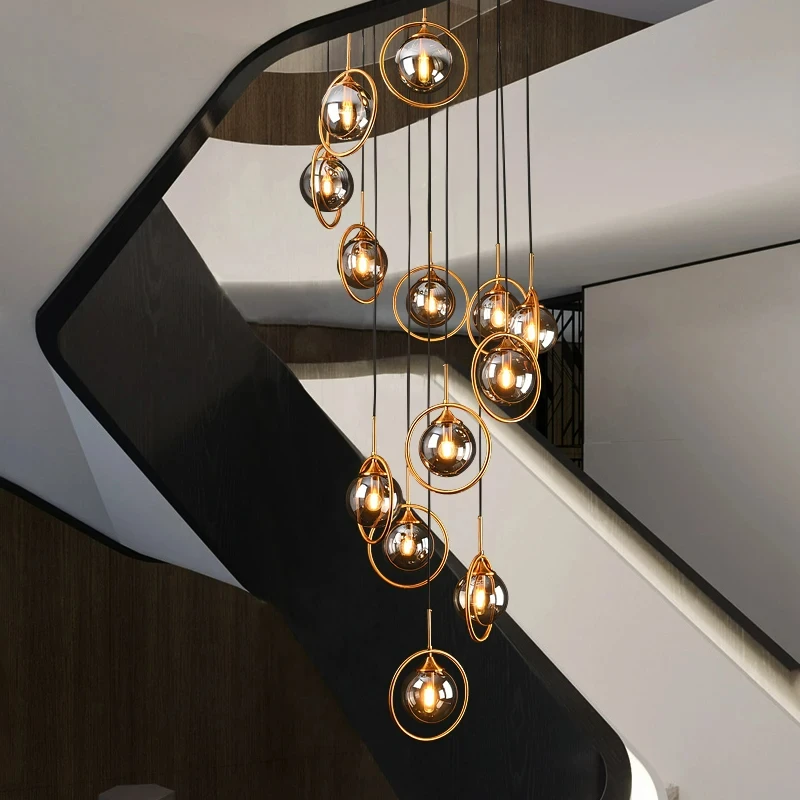 

2024 Modern Glass Ball LED Staircase Chandelier, Indoor Living Room, Bedroom, Hanging Lighting, Kitchen, Restaurant Chandelier