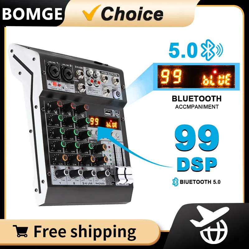 

BOMGE 4 channel 99DSP Studio Audio Mixer Sound Mixing Console for PC Recording DJ Stage Family KTV Campus Speech Meeting