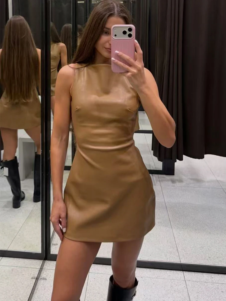 TFMLN Women Sleeveless PU Mini Dress Solid Color Slim Fit Back Zipper Party Leather Streetwear New Elegant Fashion Dress Female