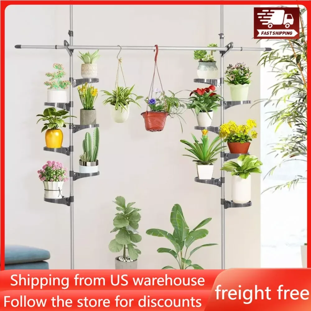 Plant Pole Stand Double Tension Rods Flower Pot Storage Shelf Holders  To Ceiling Display Rack Hanger 2 Hooks & 1 Telescopic Rod