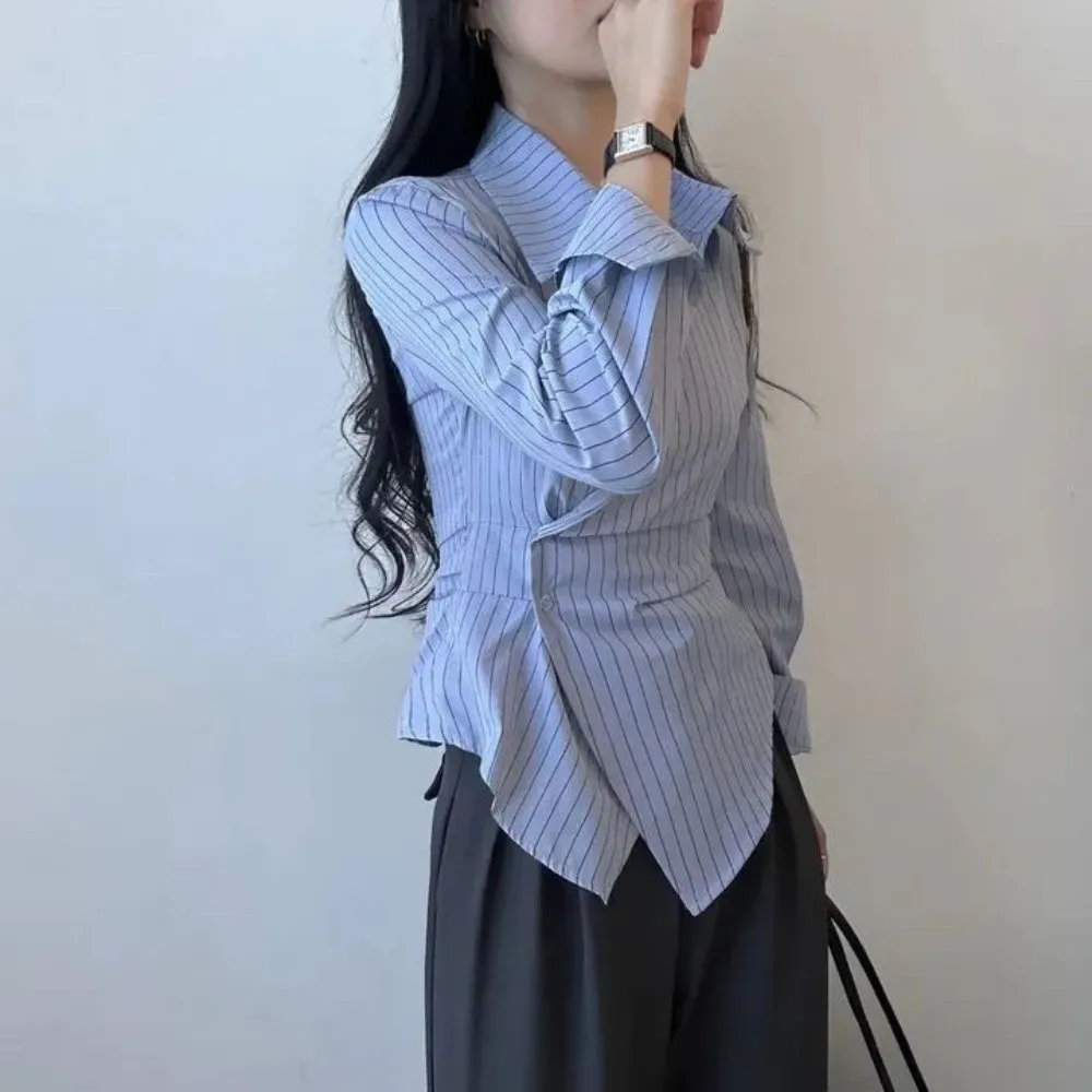 Chemisier court à rayures bleues pour femmes, col en v, coupe cintrée, chemises à manches longues, Style coréen, rayures bleues, boutons Slim, cadeau pour filles