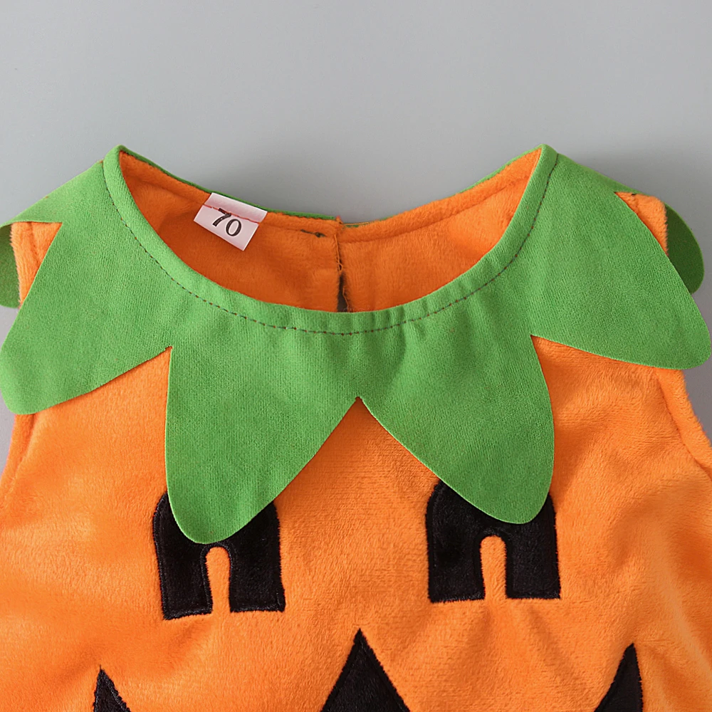 Boys and girls autumn and winter sleeveless Halloween pumpkin top + pumpkin hat + shoes three-piece children\'s clothing set