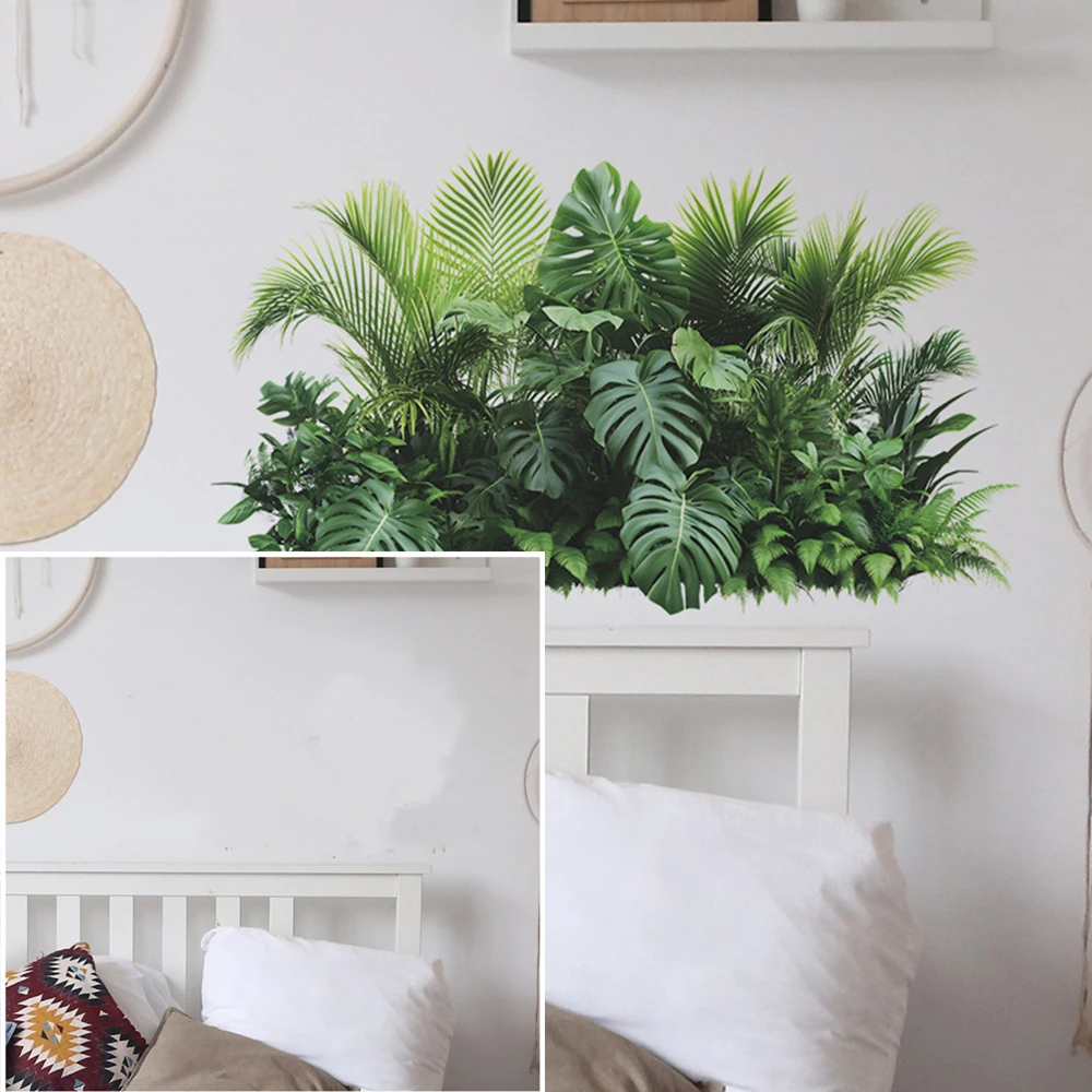 Tropical Monstera Palm Leaf Wall Stickers Green Plants Decals Peel & Stick Waterproof Vinyl Mural for Home Kitchen Bedroom Decor