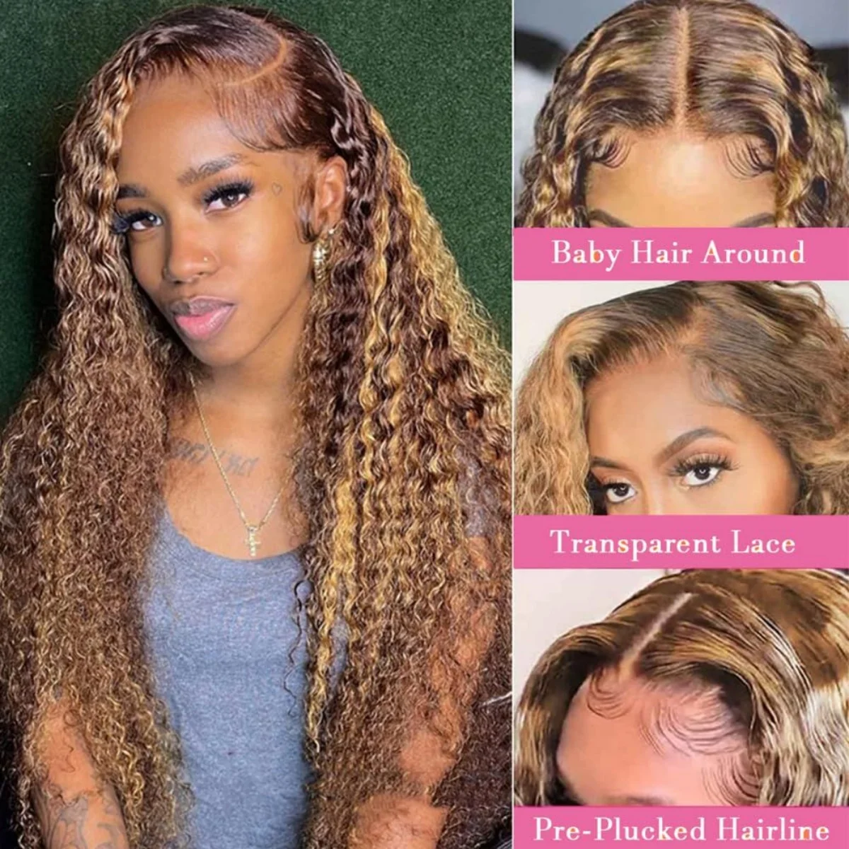 Ombre Highlight Deep Wave Lace Front Wigs Human Hair 4/27 Colored Plucked 13x4 HD Transparent Curly Lace Frontal Wig for Women Highlight Ombre Lace Front Wig Human Hair 13x4 HD Honey Blonde 4/27 Deep Wave Straight Lace Frontal Wigs - view 3