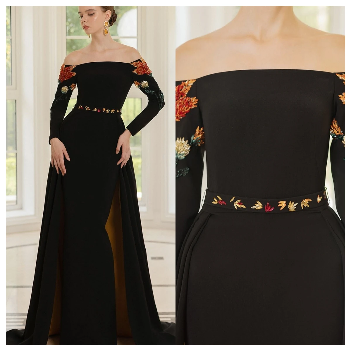 فستان سهرة جيرسي أسود رائع مخصص برقبة قارب قبالة الكتف وأكمام طويلة فساتين المشاهير مناسبة مخصصة