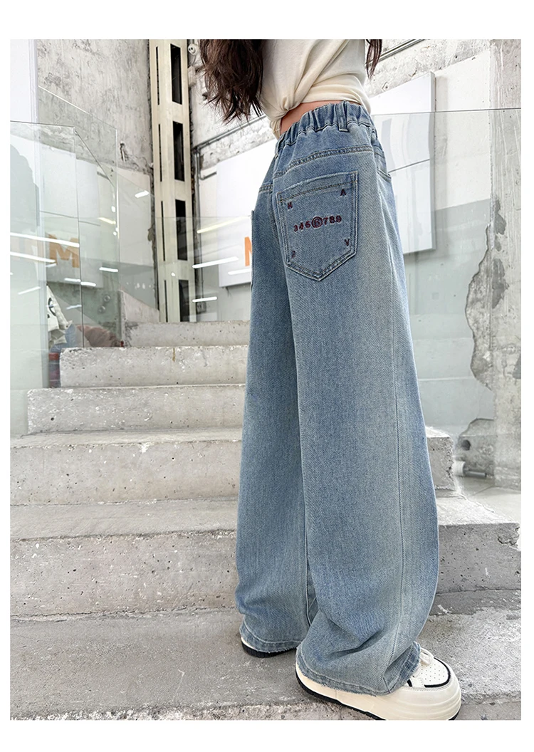 Klassische blaue High-Waist-Jeans mit geradem Bein für Mädchen, neue modische Slim-Fit-Denimhose, einfache Jeanshose für Kinder. – Detail 9