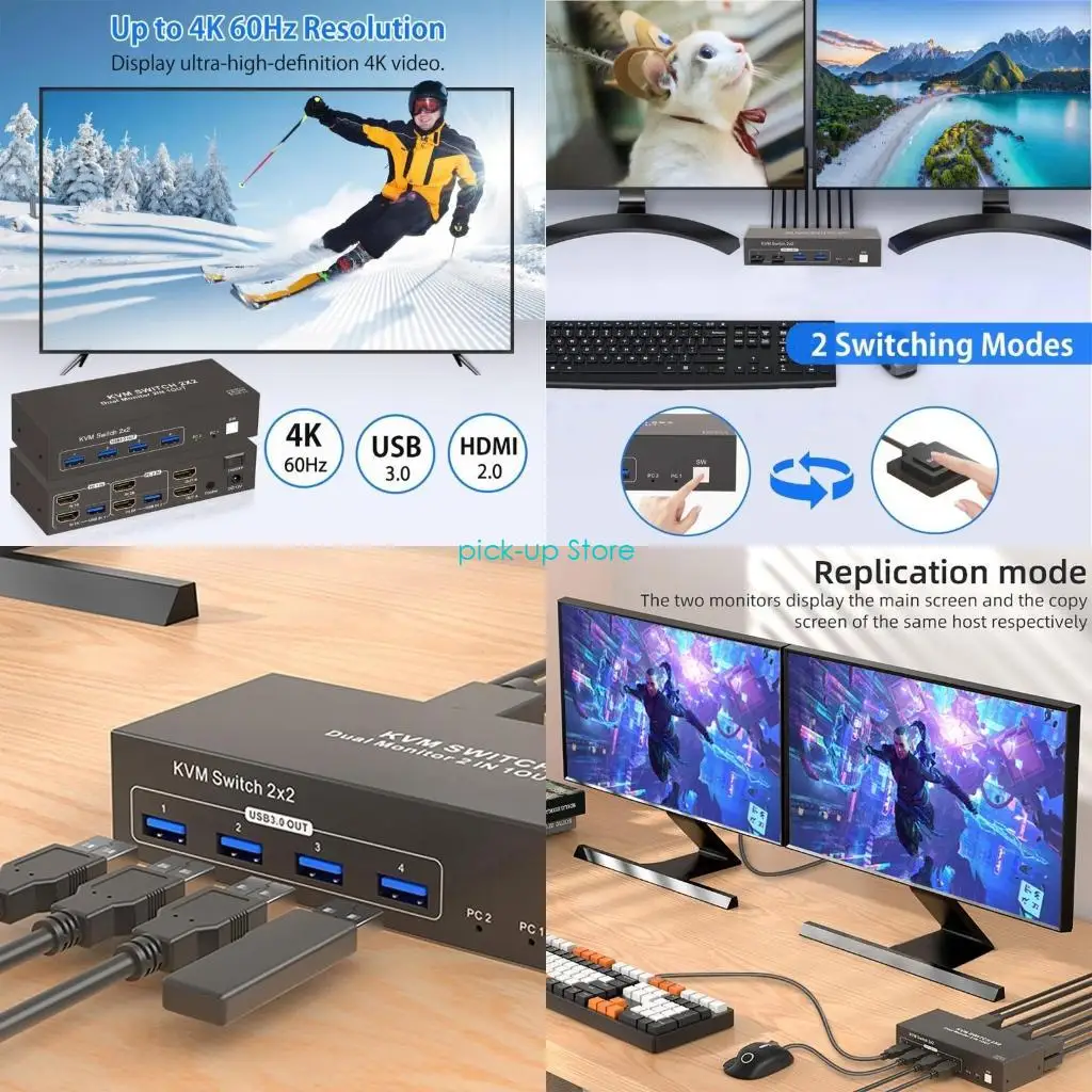 

Q5WA Computer HDTV Switcher With Clone Mode Function 4 USB3 Port Metal Design Double Display