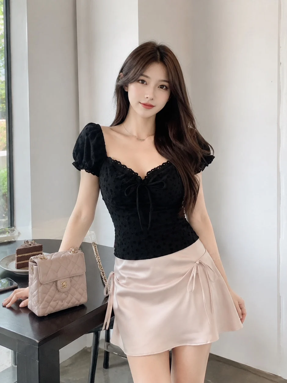 Sweet And Spicy Girl Black Lace Trim Short Sleeve Shirt Women Summer  Knot Half Skirt Two Piece Set Breathable V Neck