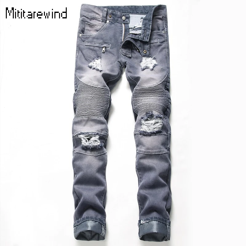 

Four Seasons High Street Ripped Jeans Men Y2k Streetwear Motorcycle Jeans Wash Distressed Slim Jeans Youth Fashion New in Pants