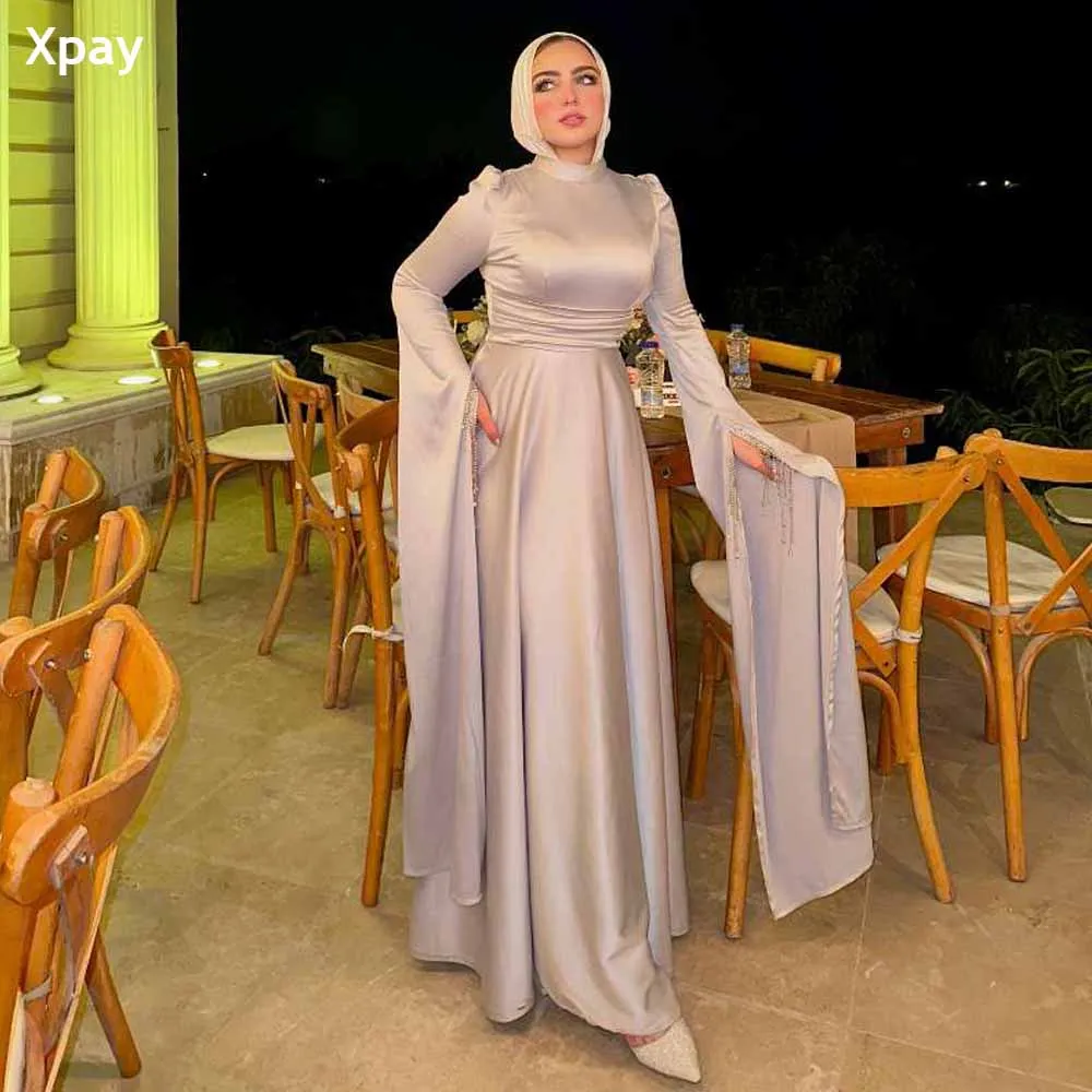 

XPAY Elegant Muslim Wedding Party Evening Dresses Long Cap Sleeves Saudi Arabic Floor Length Beadings Formal Occasion Prom Gown