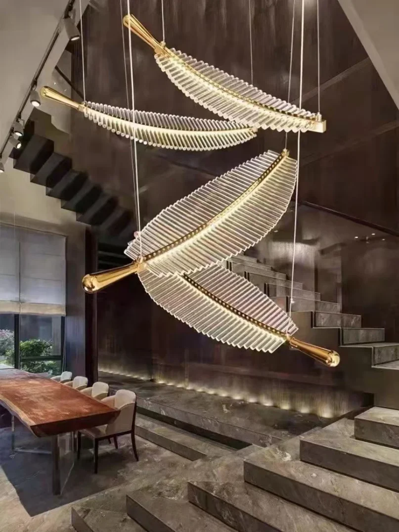 

Luxury Modern Minimalist Duplex Villa Staircase Living Room Dining Room Hotel Lobby Creative Feather Leaf Art Chandelier