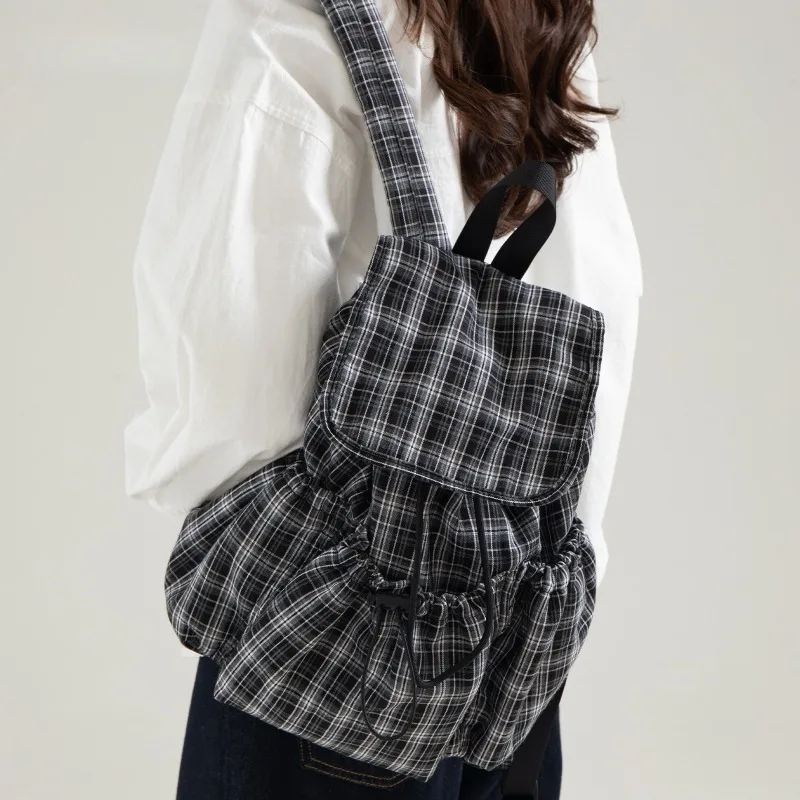 Korean Fashion Women Backpack Campus Student School Bag Casual Checkered Daypack Flip-Top Drawstring Lightweight Travel Rucksack