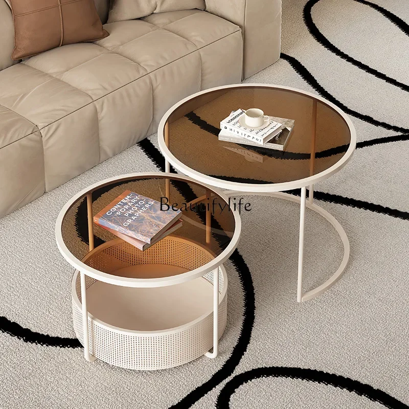 

01Cream Style Glass Coffee Table for Small Living Room, Simple Modern Light Luxury Round Shape