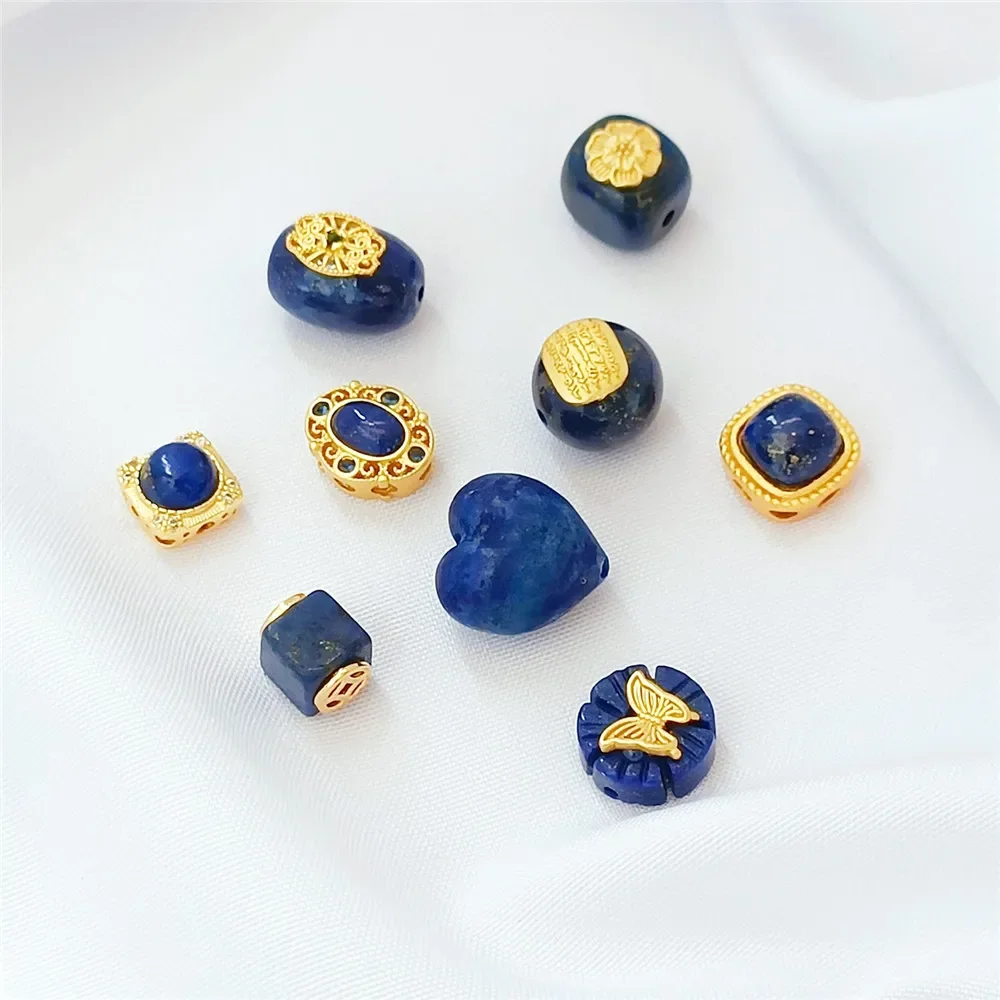 Natural Lapis Lazuli Color Retention 18K Gold-encased Square Oval Peach-shaped Bead Handcrafted Diy Jewelry Loose Bead Accessori