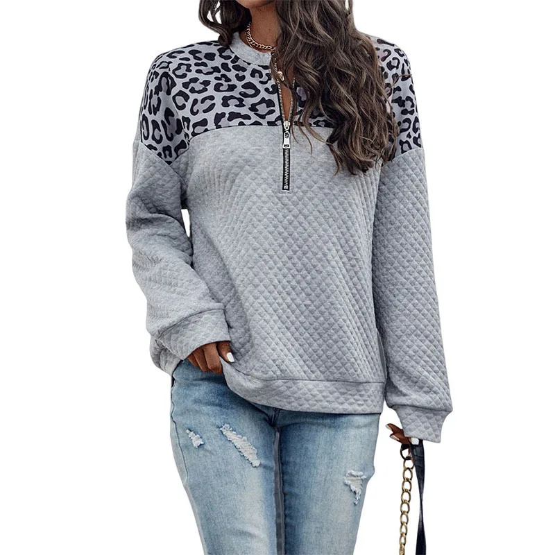 Fashionable Winter New Leopard Print Stitching Drop Shoulder Zipper Sweater Women 2023 Casual Warm Long Sleeve Tops Women