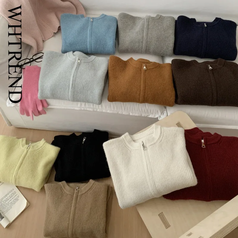 

WHTREND Autumn Winter New Sweater Women Simple Solid Color Round Neck Double Zipper Knitted Cardigan Top Korean Style WH1641