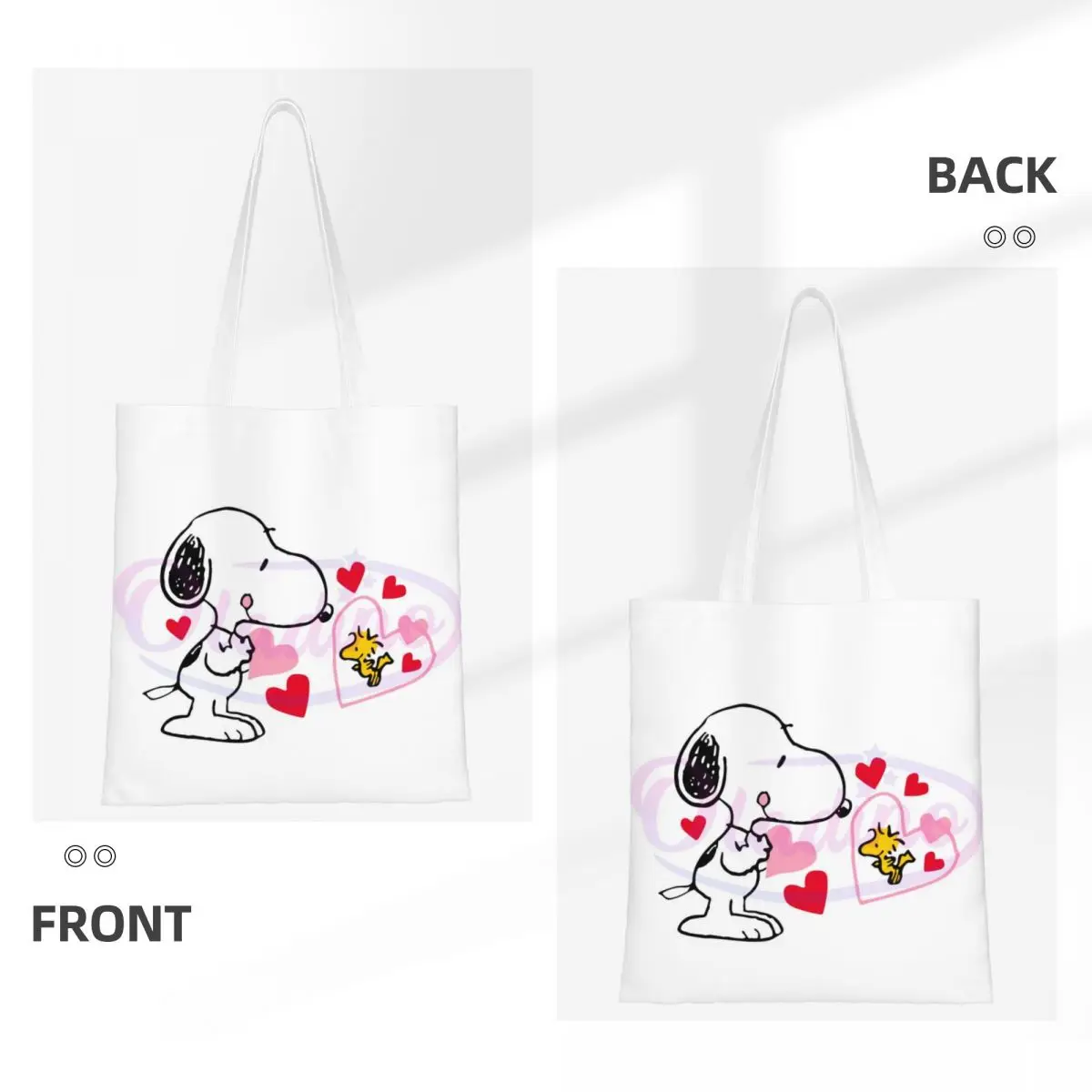 Custom Cute Snoopy Love Woodstock Grocery Shopping Bag Printing Canvas Shopper Shoulder Tote Bag Large Capacity Portable Handbag