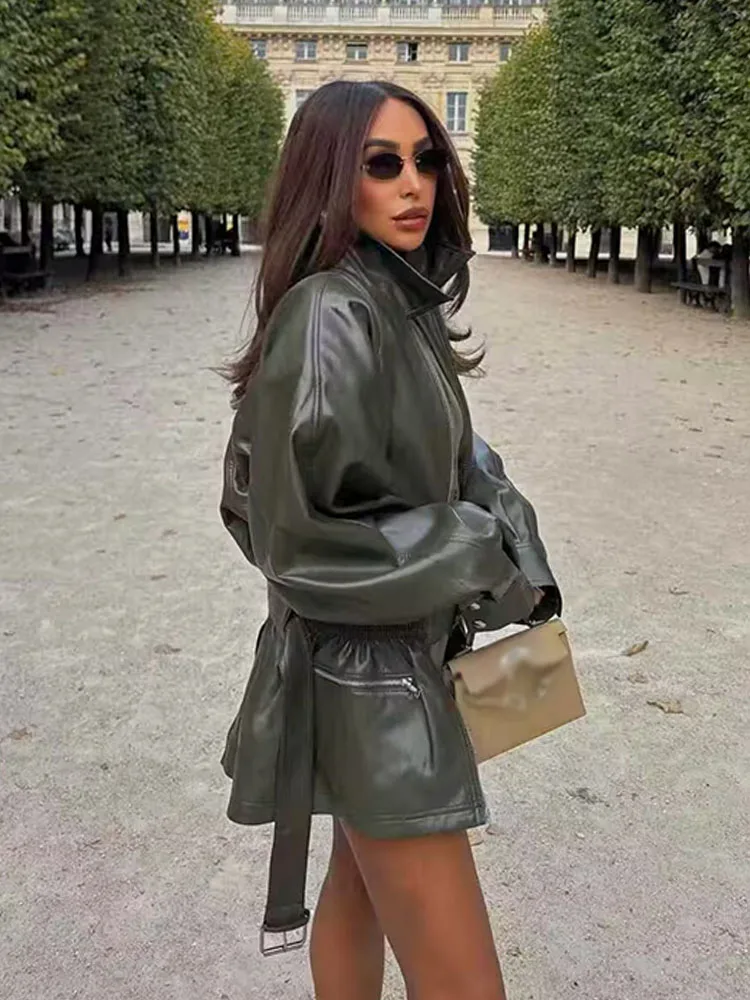 HH Women's High Street Turn-Down Collar Jackets Solid Long Sleeves Pockets Belt Decoration Zipper Female Spring Fashion Coats