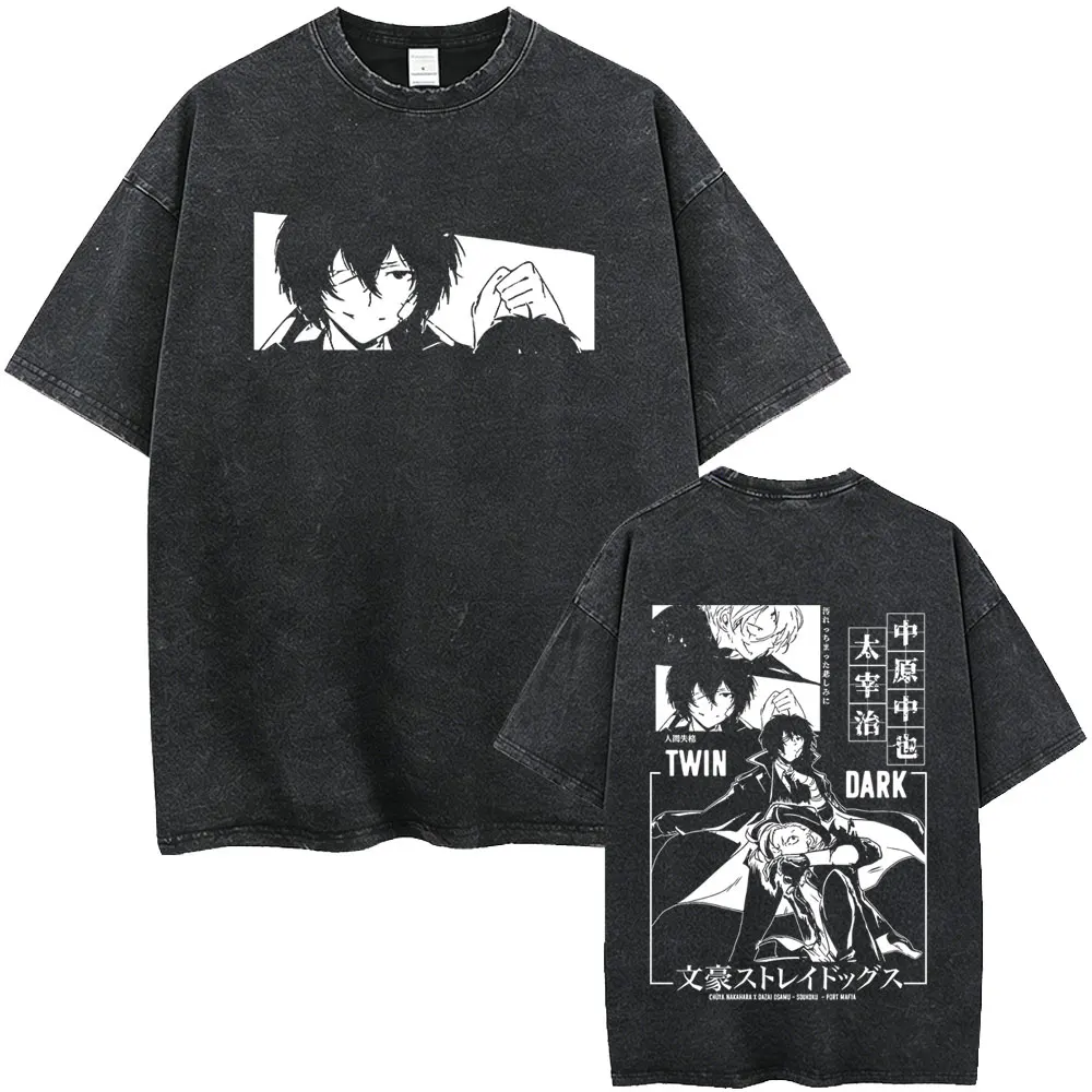 Gewaschenes Vintage Anime Bungo Stray Dogs Nakahara Chuuya Grafik-T-Shirt für Männer, Lässiges Retro-Baumwoll-T-Shirt, Übergroße Herren-T-Shirts – Detail 6
