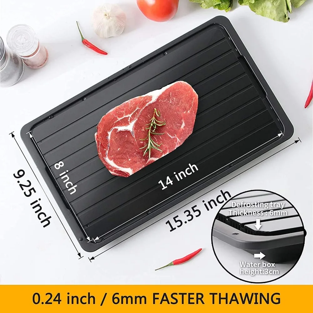 Large Defrosting Tray for Frozen Meat, 6mm Thick, Rapid Natural Thawing with Drip Tray, 8x14 inch