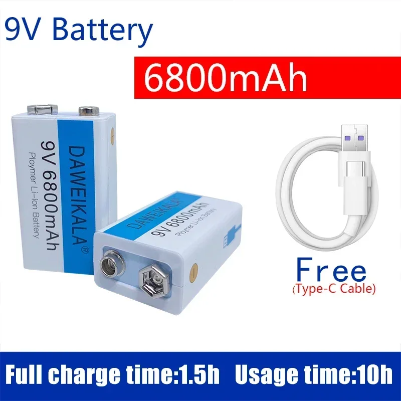 9V battery Rechargeable battery 6800mAh USB Type-C Battery lithium for Multimeter Microphone Toy USB charging cable