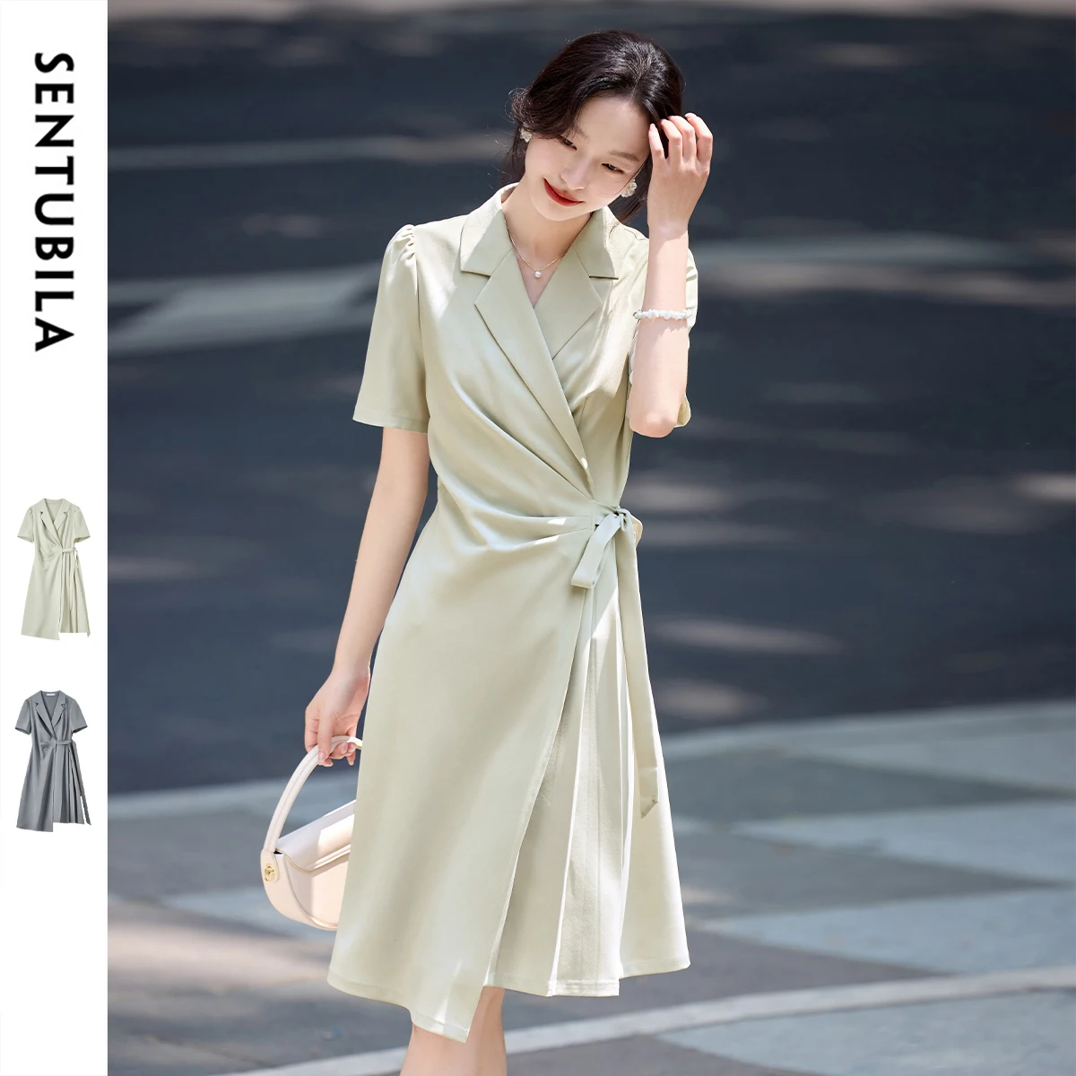 

SENTUBILA Luxury Dress 2025 Summer Commut Notched Puff Sleeves Irregular Hem Laced Waist Cincher Pleated Midi Dresses Q52LC0189