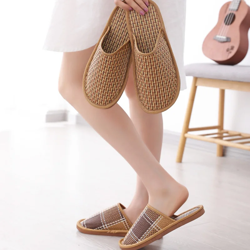 Rattan Linen Slippers Bamboo Sandals Woven Summer Women\'s Shoes Eco-friendly Foot Beach Unisex Indoor Floor Slides Spring Autumn