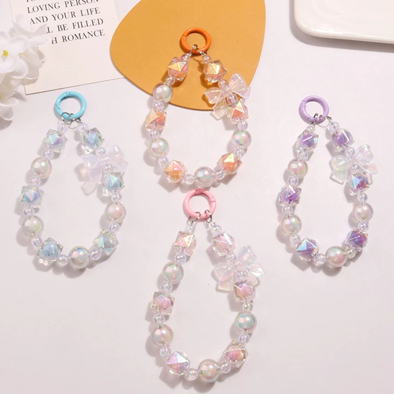 Korean Ins Style Beaded Mobile Phone Chain Acrylic Beaded Bow Wrist Strap Bag Headphone Pendant Charms Phone Keychain