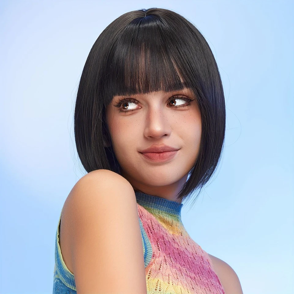 

Women'S 6 Inch Black Short Straight 2x4 Lace Closure Bob Wig with Bangs Brazilian Human Hair Wigs for Party Cosplay Daily Wear
