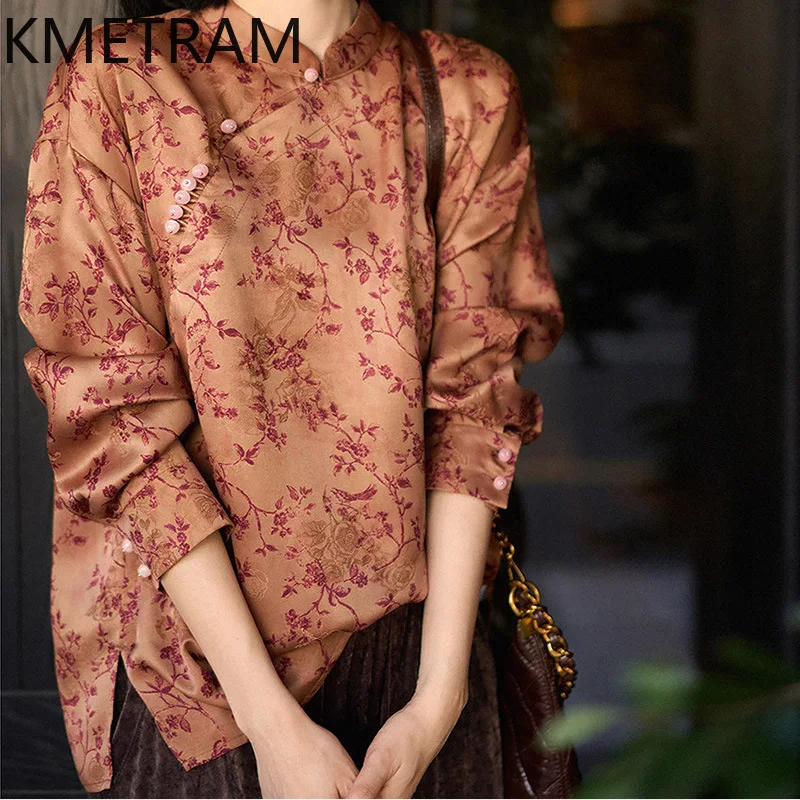 KMETRAM 100% Mulberry Silk Shirt for Women New Chinese Style Spring Tops Elegant Floral Blouse Woman Clothes 2026 женская одежда