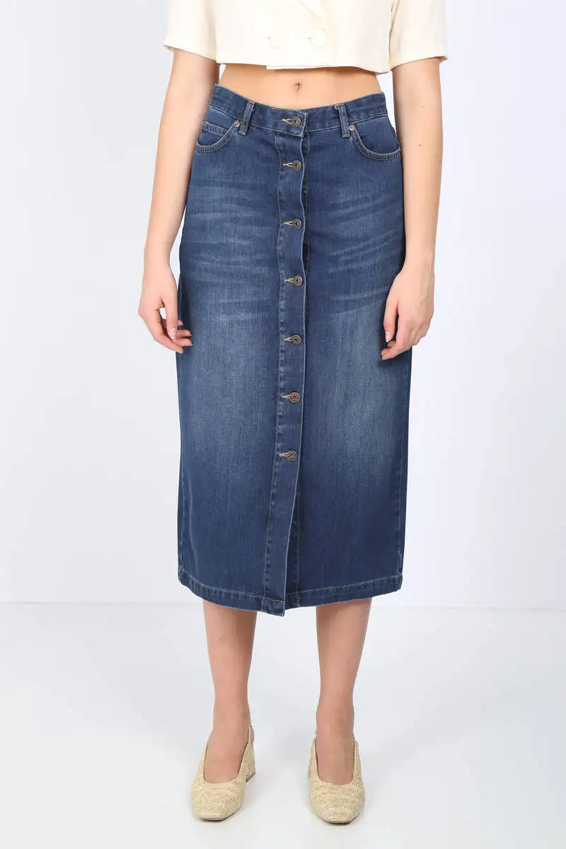 Women's Dark Blue Button Long Jean Skirt