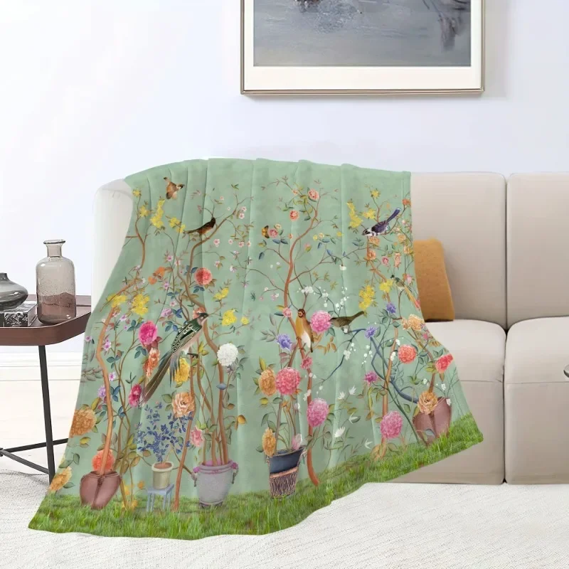 Flanelldecke mit klassischem Ölgemälde und farblich passender Blumen- und Vogelmuster voller bedruckter Farbabstimmung, die den Unterricht kombiniert