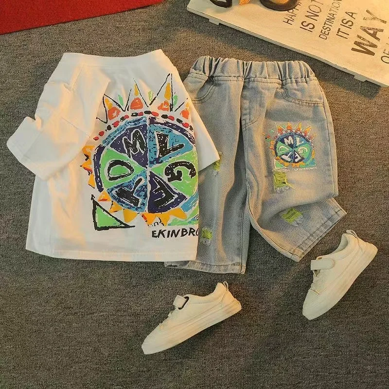 

Baby Boys Summer Outfit Short SLeeve Cotton T-Shirt And Jeans Pants Two Piece Fashion Suit Kids 1-9 Years Old Sport Clothing New