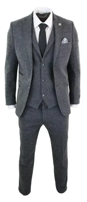 3 Piece Suits (Jacket+Vest+Pants) Gray Wool Tweed Winter Suit for Men Herringbone Slim Fit Formal Groom Tuxedo Wedding Male