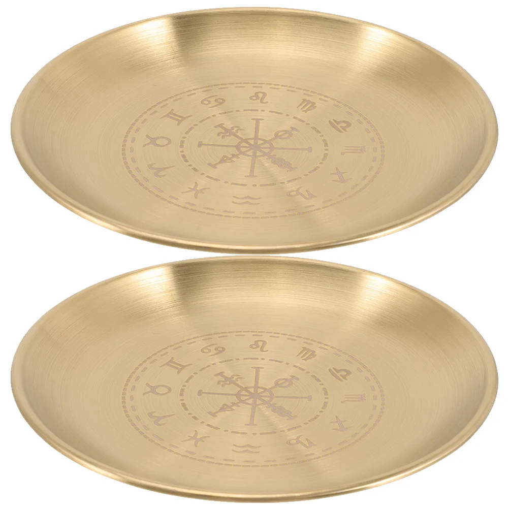 

2Pcs Witch Altar Tray Round Metal Plate Candlestick Holders for Tarot Jewelry Rings Display Ritual Supplies 14cm