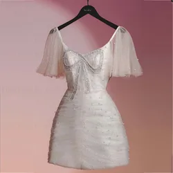 Luxury Cute Cocktail Dresses Short Sleeves Tulle Mini Party Dress Pearls Beading Bow Prom Gowns robes de soirée GDS980041