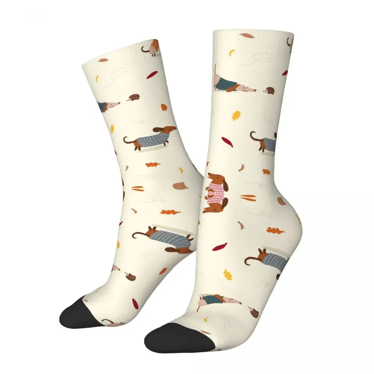 Cute Dachshunds In Winter Sweaters With Autumn Leaves Socks Harajuku High Quality Stockings All Season Long Socks Unisex Gifts