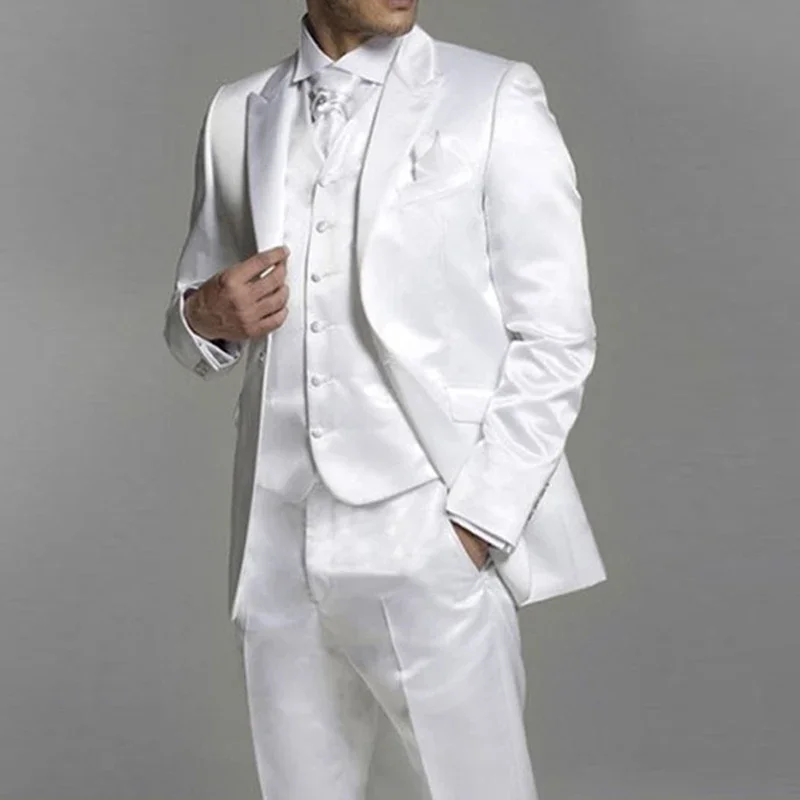 White Satin Men Suits for Wedding Groom Tuxedos Peaked Lapel Custom Formal Man Suit Set Jacket Vest with Pants 2024