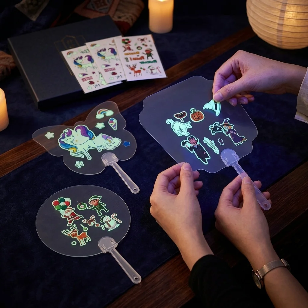 Handmade DIY Transparent Stickers Fan Blank Hand Drawn Small Fan Halloween Christmas Hand Cranked Fan Round Fan Surprise Gifts