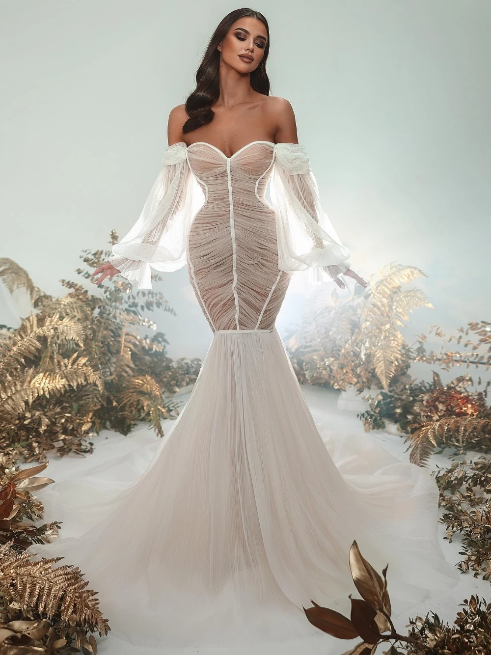 Simple Pleated Tulle Mermaid Fashionable Wedding Dress Sweet Off the Shoulder Customized Reception Dreamy Bride Dresses