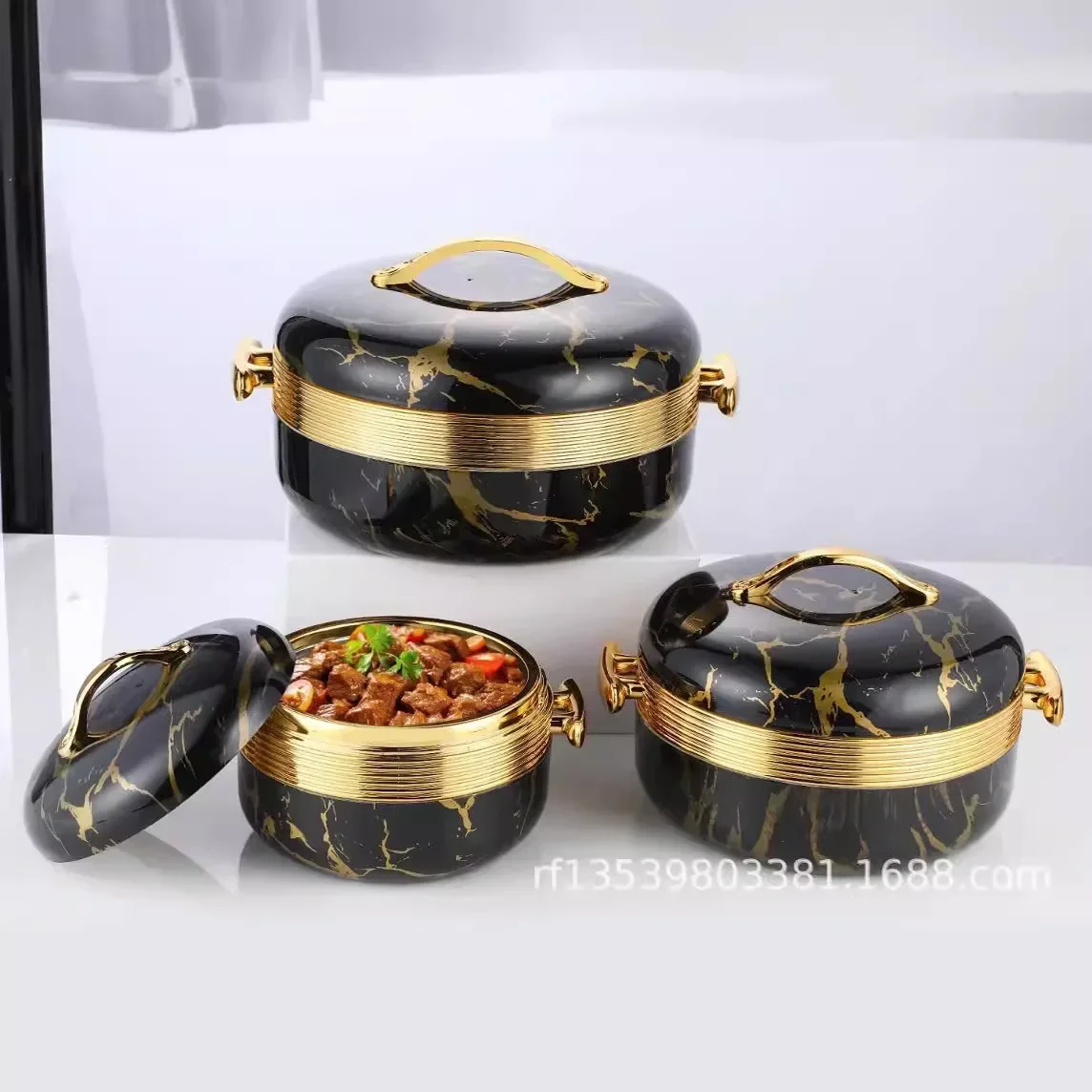 Food Warmer Container3PCS Gold Handle Round Insulation Box 1L 2L 3.5L