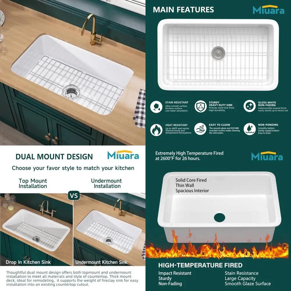 

32 Inch White Dual Mount Fireclay Bar Sink with Single Bowl and Custom Accessories